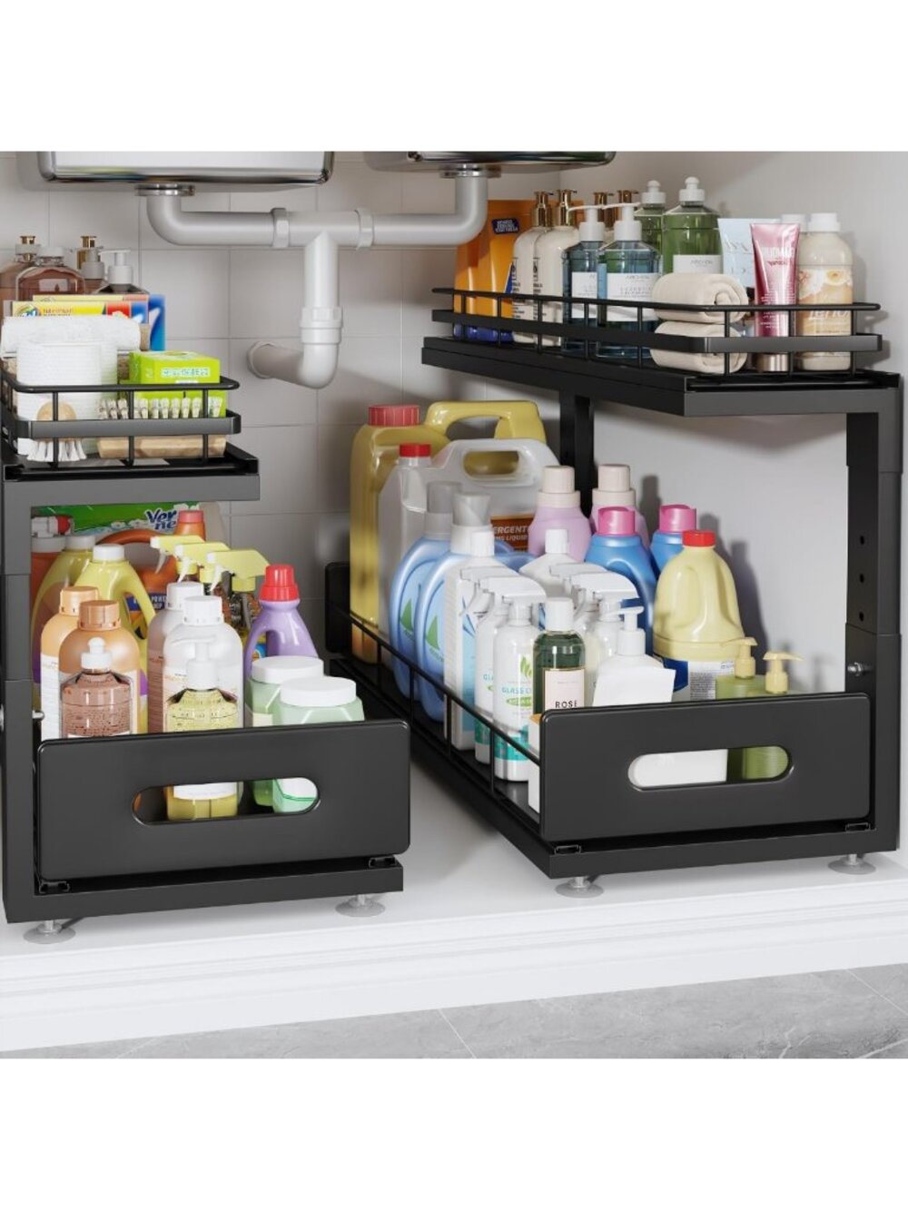 2-Tier Under Sink Organizer with Adjustable Pull-Out Drawers for Kitchen & Bath